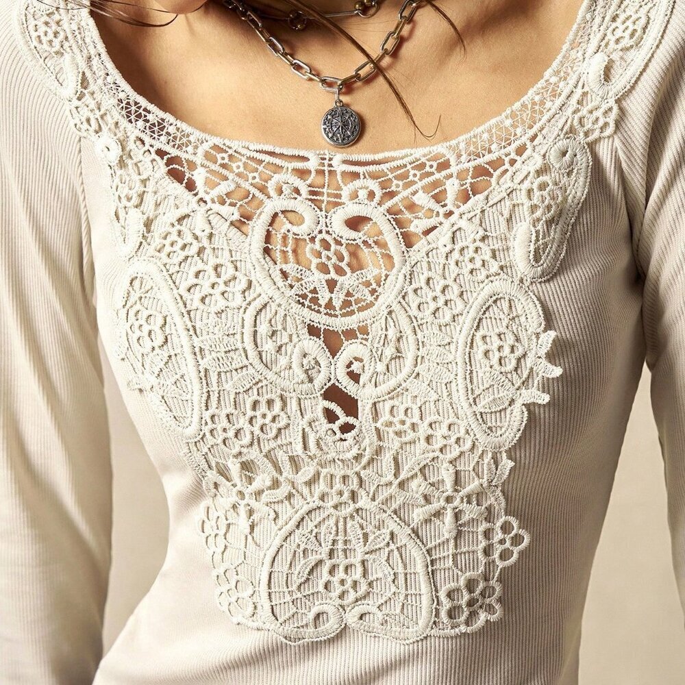 Apricot Casual Women's Knit Long Sleeve Fitted T-Shirt Lace - Picture 1 of 8
